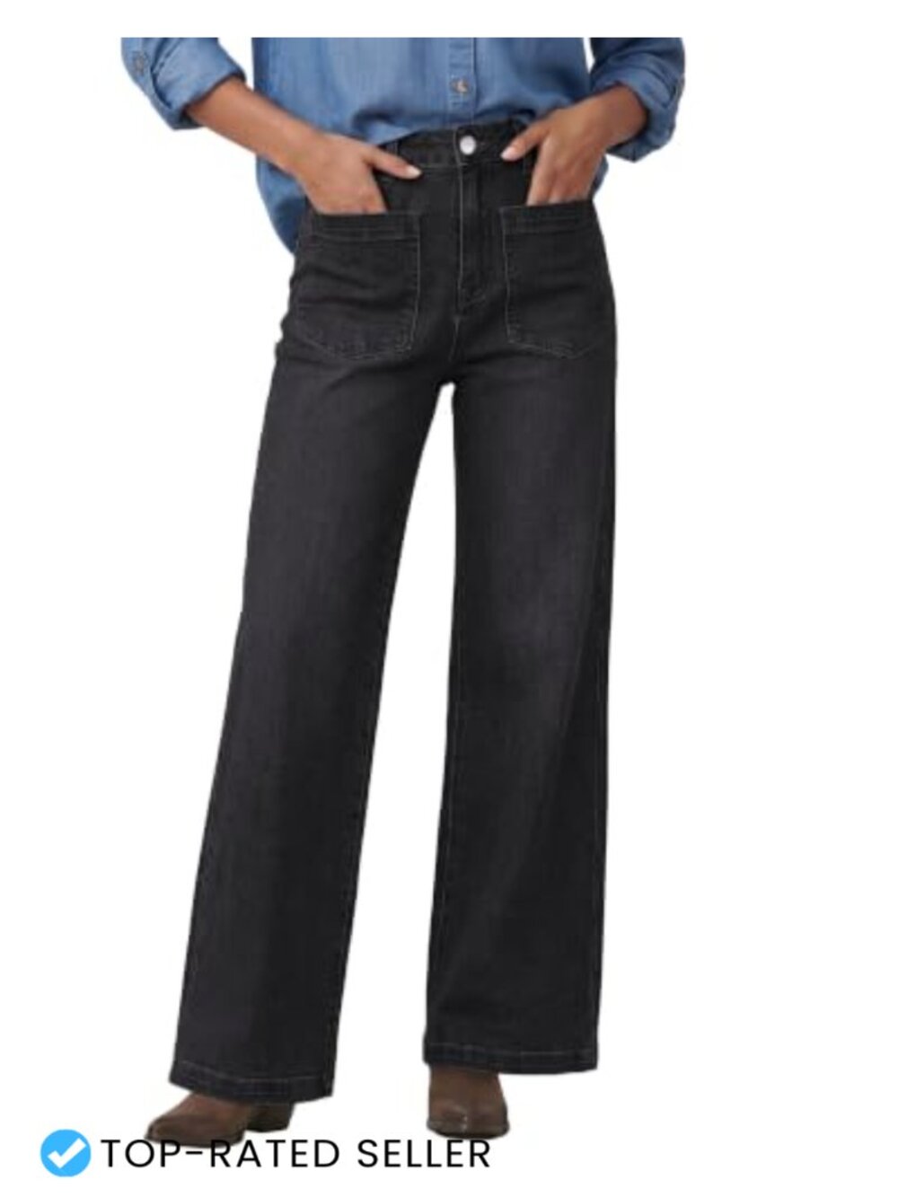 High Waisted Wide Leg Jeans Stretch Denim Patch Pocket 29.5" Inseam